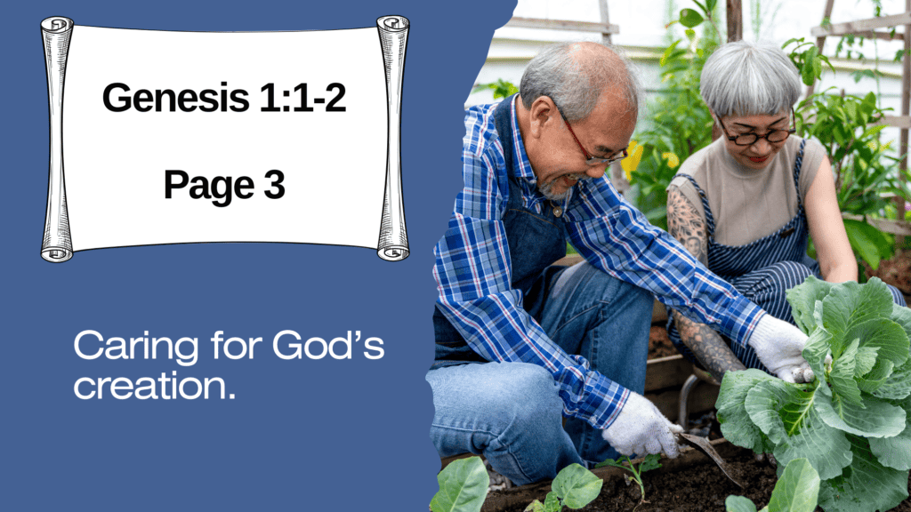 slide for church, showing bible verse, page, quote about caring for creation and graphic of older  couple with hands in soil
