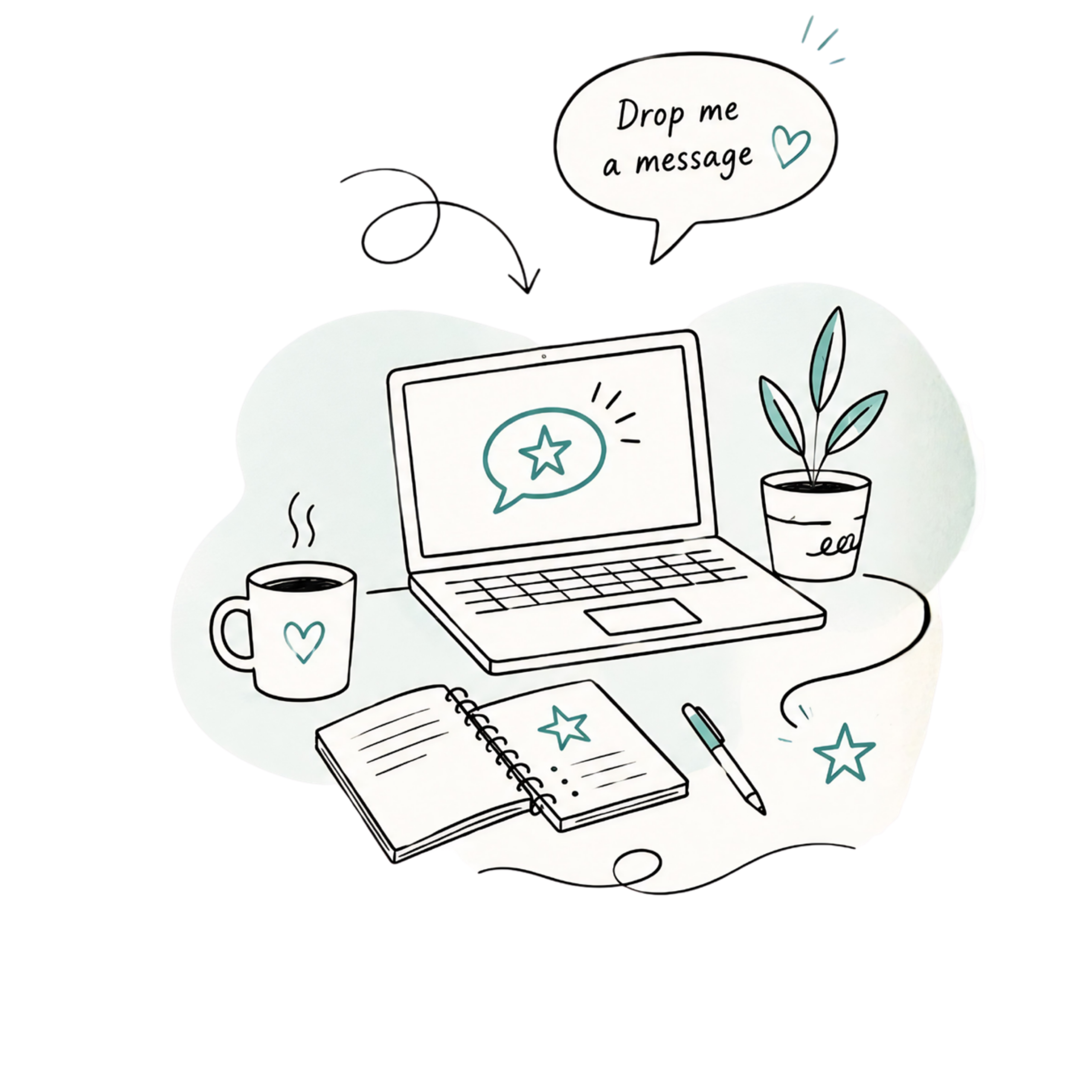 Teal and Black Line Art Design OF pc, PLANT, SAYS MESSAGE ME<br />
